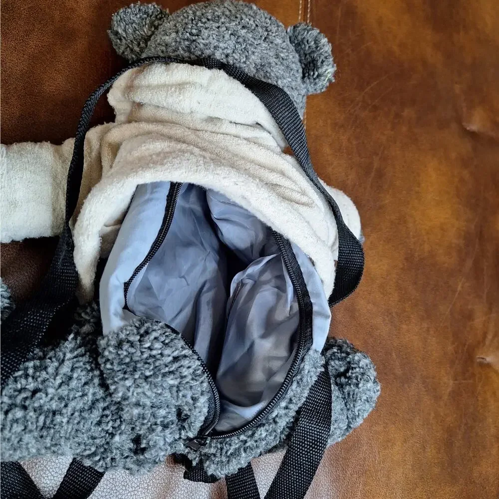 RARE VTG BV Collection Plush Teddy Bear Backpack Dark Gray Cream Hoodie Y2K 18